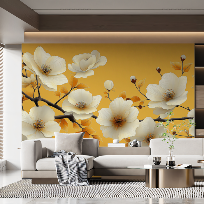 Yellow Floral Mural Wallpaper in Living Room | Various Colors (Yellow, White, etc.) of Yellow Flowers