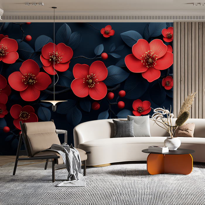 Red Floral Mural Wallpaper in Living Room
