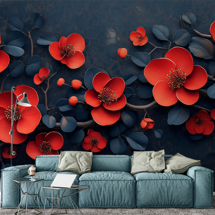 Red Floral Mural Wallpaper in Living Room