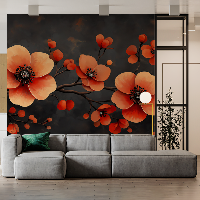 Red Floral Mural Wallpaper in Living Room