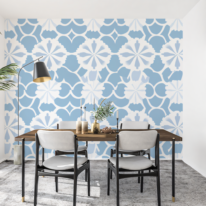 Blue and White Floral - Inspired Wallpaper in Dining Room