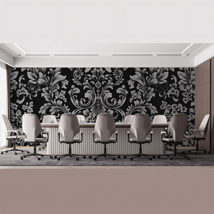 Black and White Floral - Ornate Wallpaper in Conference Room