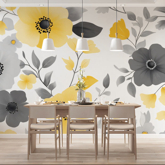 Yellow and Gray Floral - Patterned Wallpaper