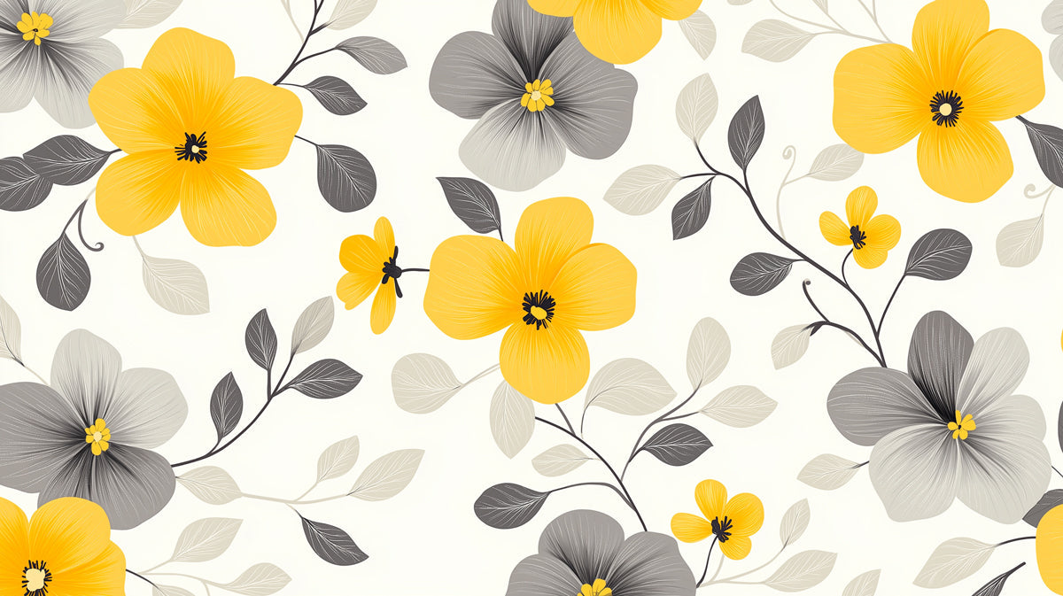 Yellow and Gray Floral - Patterned Wallpaper