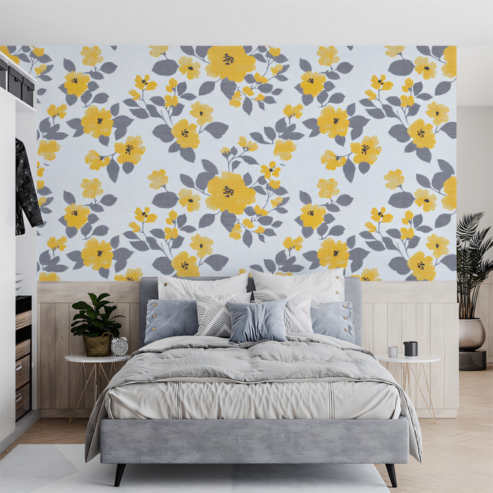 Yellow and Gray Floral - Patterned Wallpaper