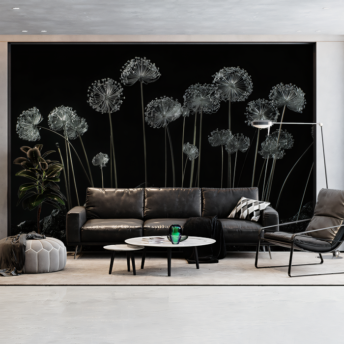 Black - and - White Dandelion Wallpaper in Living Room