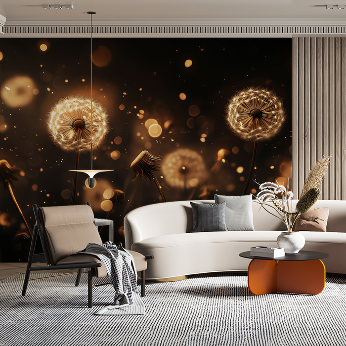 Black - and - White Dandelion Wallpaper in Living Room