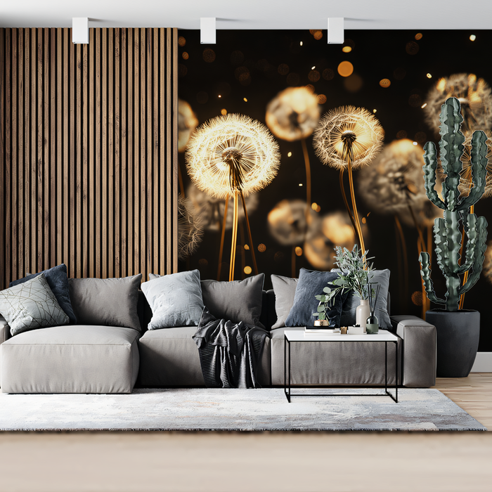 Black - and - White Dandelion Wallpaper in Living Room