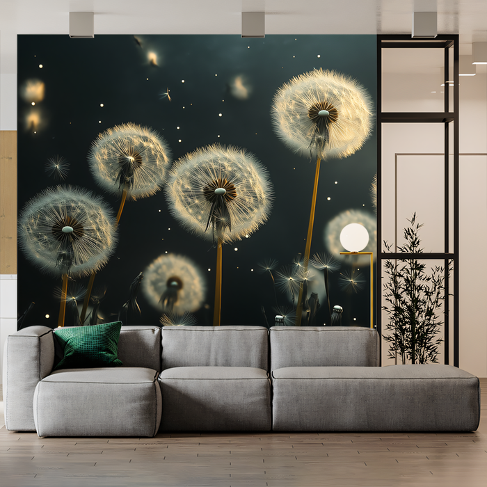 Black - and - White Dandelion Wallpaper in Living Room