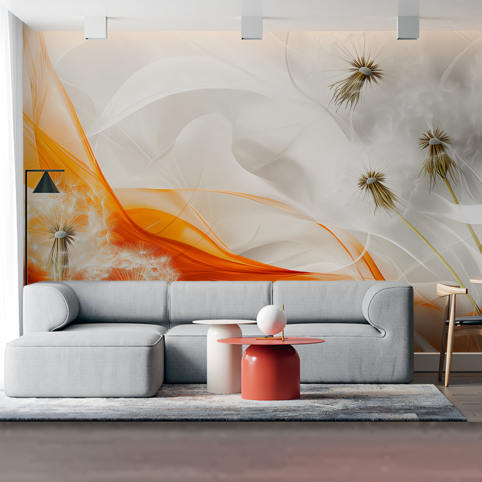 Abstract Dandelion and Wave - like Pattern Wallpaper in Living Room