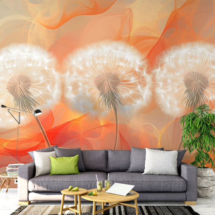 Abstract Dandelion and Wave - like Pattern Wallpaper in Living Room