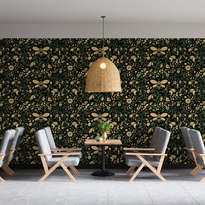 Floral and Bee Tapestry Mural Wallpaper | Green, Gold, Black Flowers and Bees
