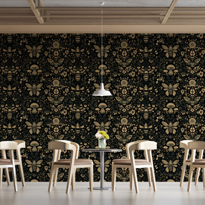 Floral and Bee Tapestry Mural Wallpaper | Green, Gold, Black Flowers and Bees