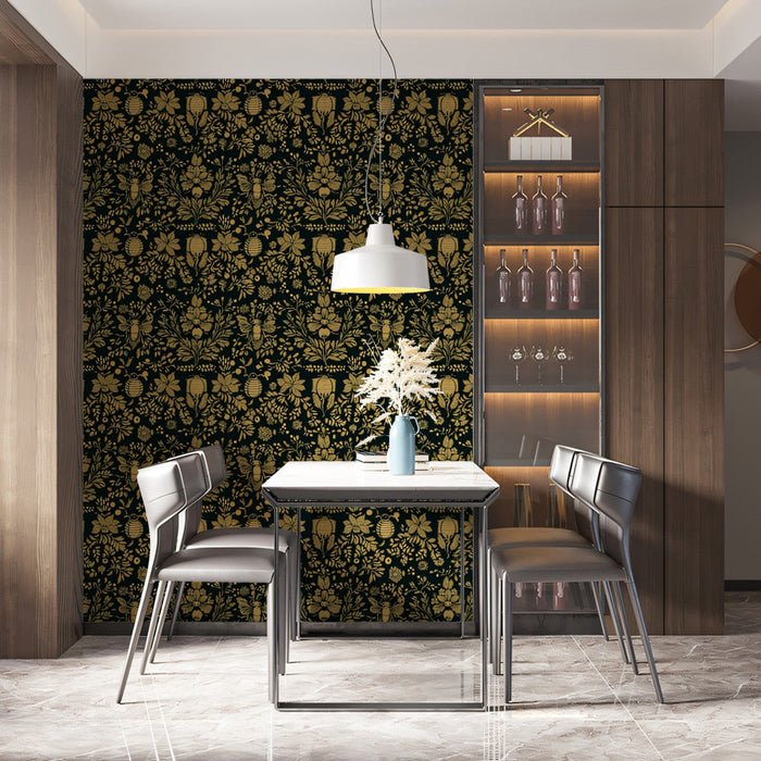 Floral and Bee Tapestry Mural Wallpaper | Green, Gold, Black Flowers and Bees