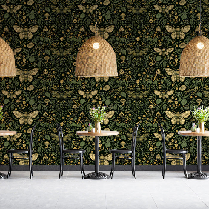 Floral and Bee Tapestry Mural Wallpaper | Green, Gold, Black Flowers and Bees