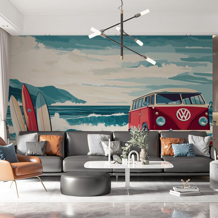 Coastal Bus and Wave Mural Wallpaper | Red, Cream, Blue - Green
