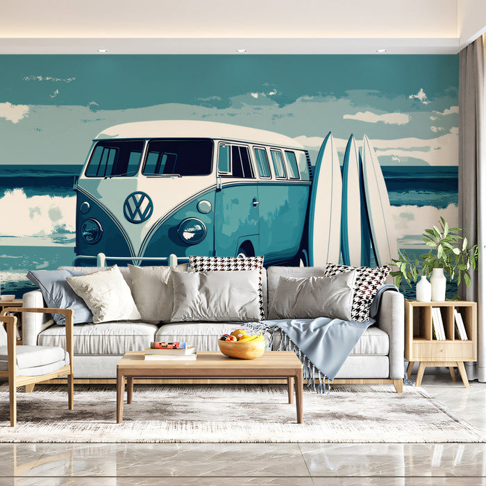 Blue Bus and Surf Mural Wallpaper | Blue, Cream, Teal