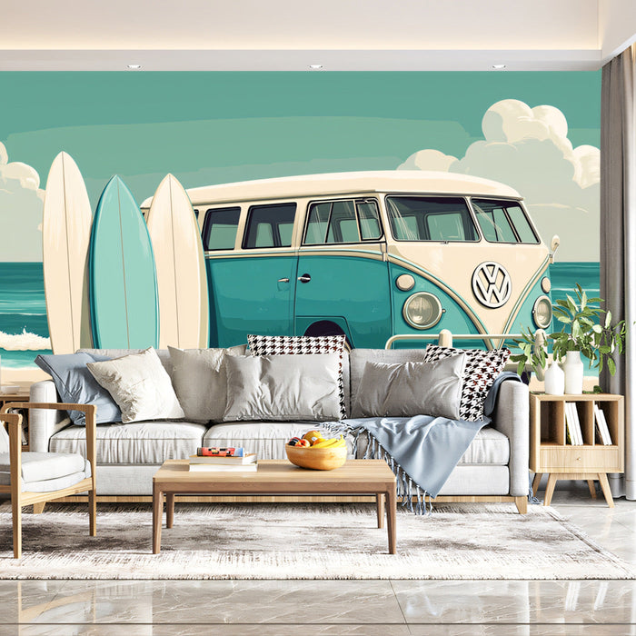 Blue Bus and Surf Mural Wallpaper | Blue, Cream, Teal