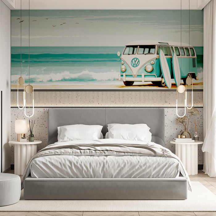 Blue Bus and Surf Mural Wallpaper | Blue, Cream, Teal