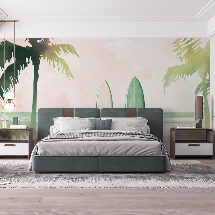 Surfboard and Palm Mural Wallpaper | Pink, Green, Blue - Green