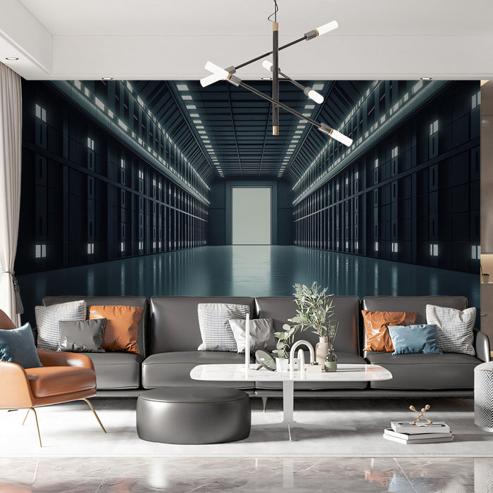 Futuristic Corridor Mural Wallpaper | Black, Gray, Blue - Green