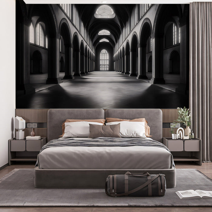 Futuristic Corridor Mural Wallpaper | Black, Gray, Blue - Green