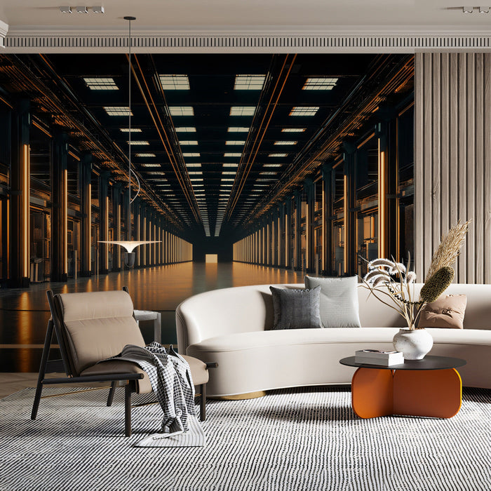 Industrial Tunnel Mural Wallpaper | Black, Gold, Brown