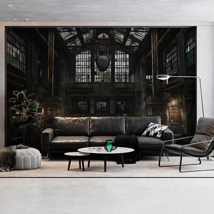 Vintage Industrial Hall Mural Wallpaper | Dark Brown, Black, Gold