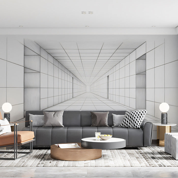 Geometric Corridor Mural Wallpaper | Gray, White, Black Sketch