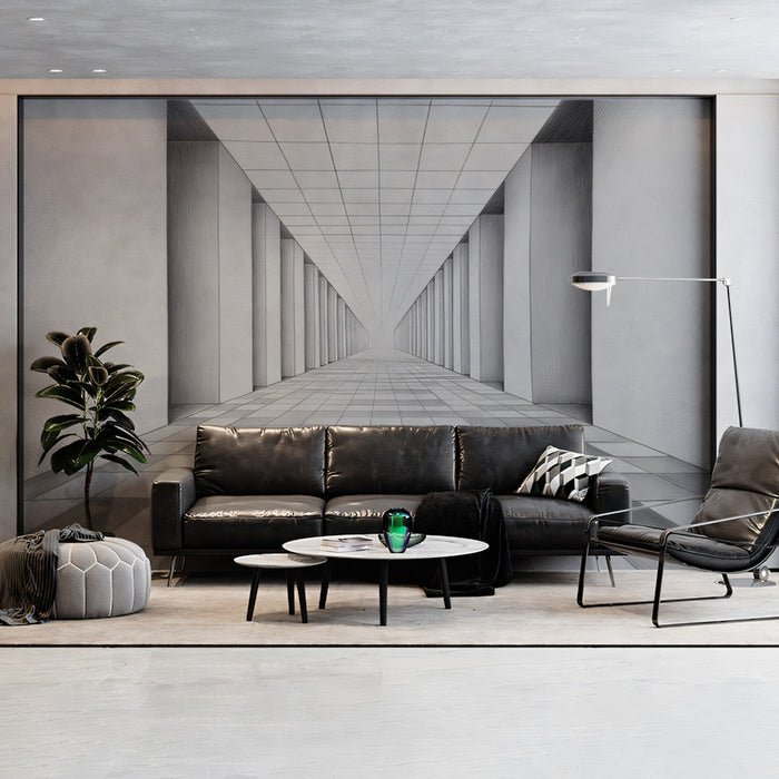Geometric Corridor Mural Wallpaper | Gray, White, Black Sketch