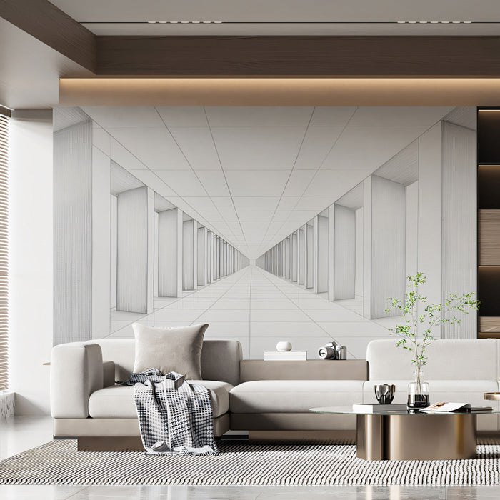 Geometric Corridor Mural Wallpaper | Gray, White, Black Sketch