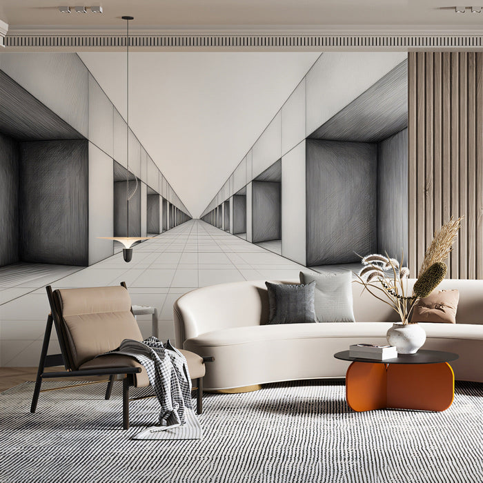 Geometric Corridor Mural Wallpaper | Gray, White, Black Sketch