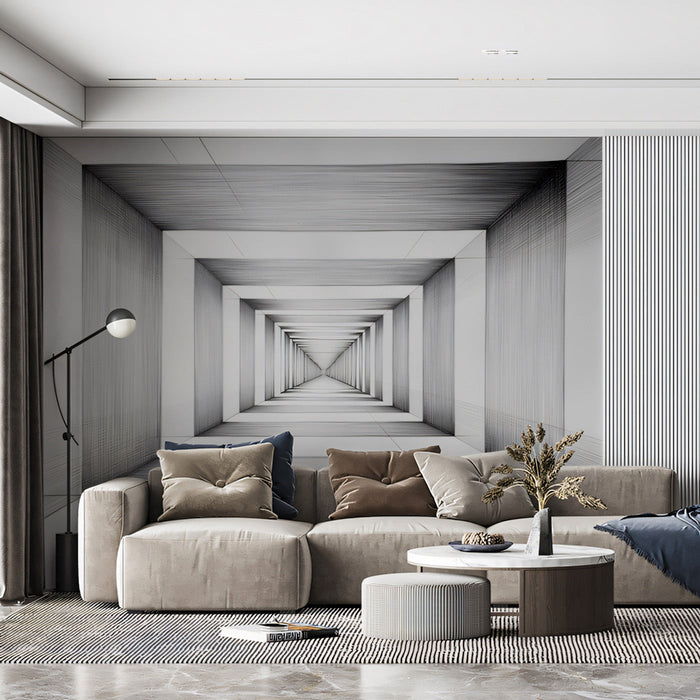 Geometric Corridor Mural Wallpaper | Gray, White, Black Sketch