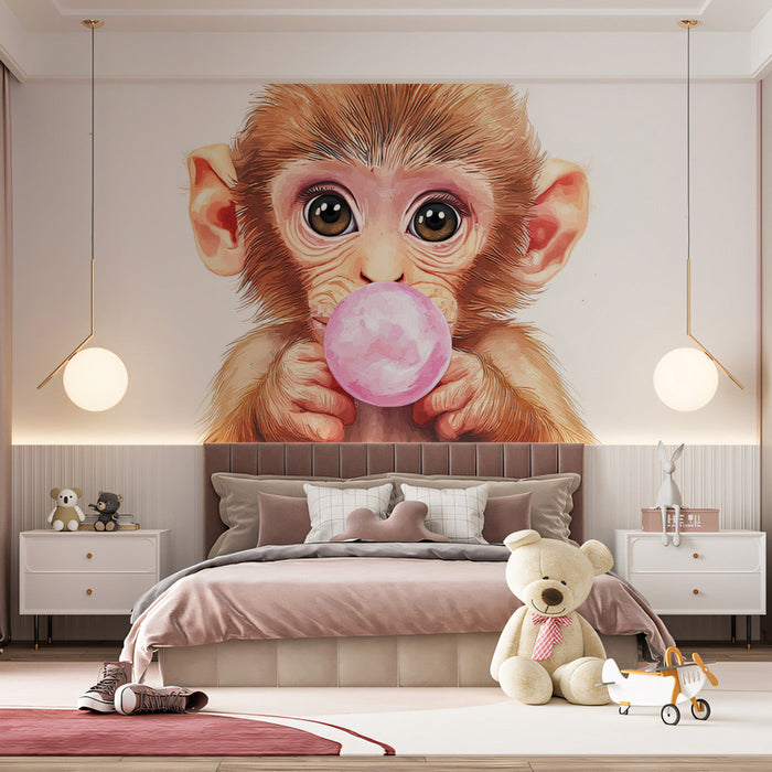 Bubbling Monkey Mural Wallpaper | Brown, Pink