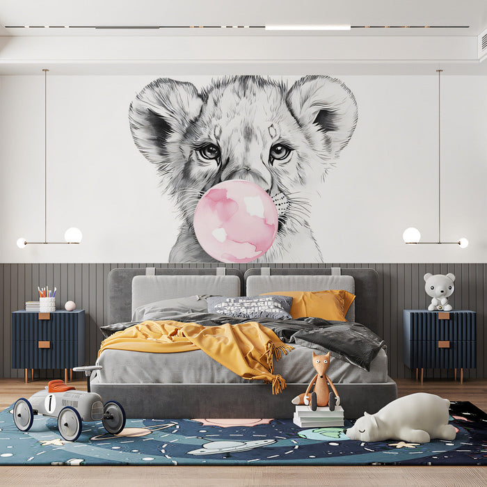 Lion Cub with Bubble Mural Wallpaper | Gray, Pink