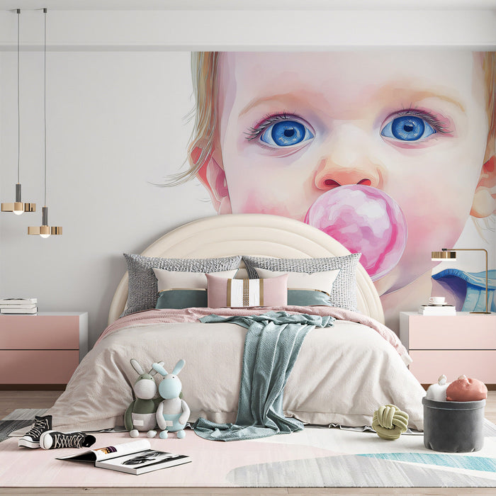 Baby with Bubble Mural Wallpaper | Pink, Blue