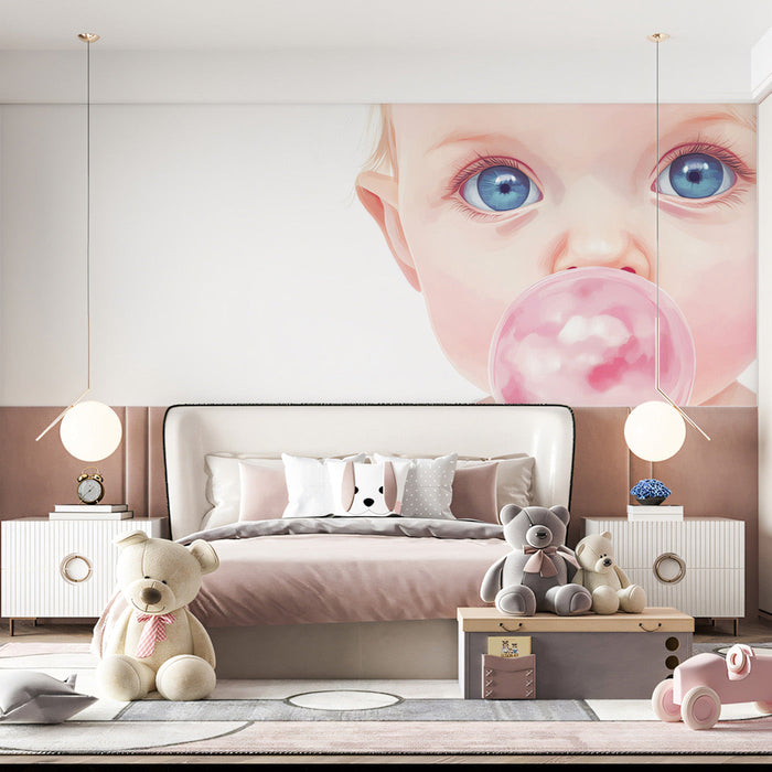 Baby with Bubble Mural Wallpaper | Pink, Blue