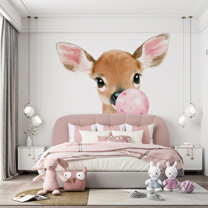 Deer with Bubble Mural Wallpaper | Brown, Pink