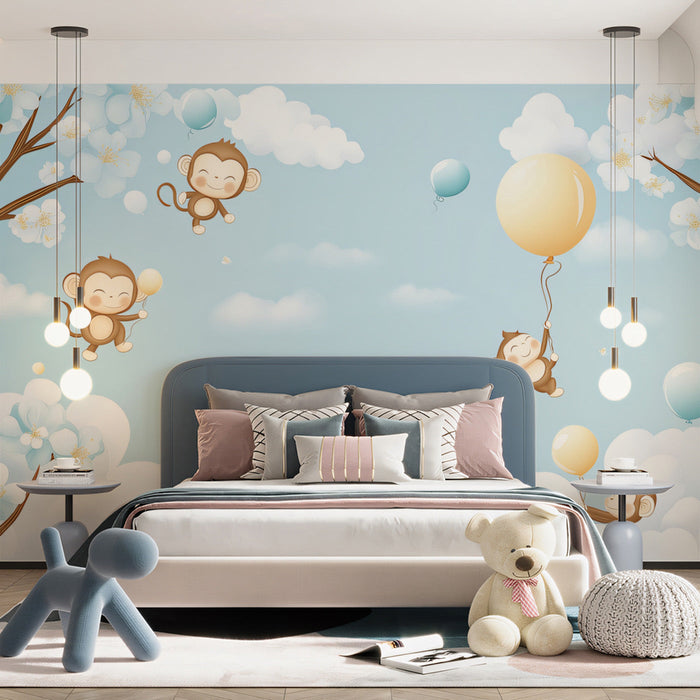 Monkey and Balloon Fantasy Mural Wallpaper | Blue, Brown, White