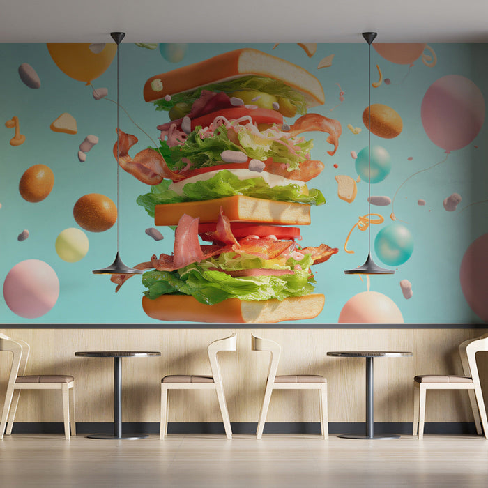 Floating Sandwich Mural Wallpaper | Green, Orange, Blue, Multicolored
