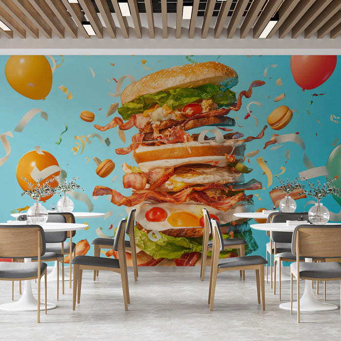 Floating Sandwich Mural Wallpaper | Green, Orange, Blue, Multicolored
