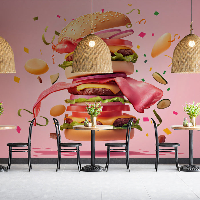Gigantic Burger Celebration Mural Wallpaper | Pink, Red, Green, Multicolored