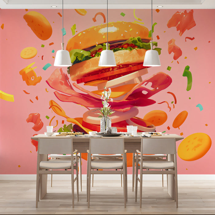 Gigantic Burger Celebration Mural Wallpaper | Pink, Red, Green, Multicolored
