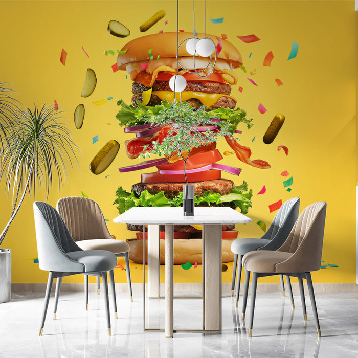 Towering Burger Fiesta Mural Wallpaper | Yellow, Green, Red, Multicolored