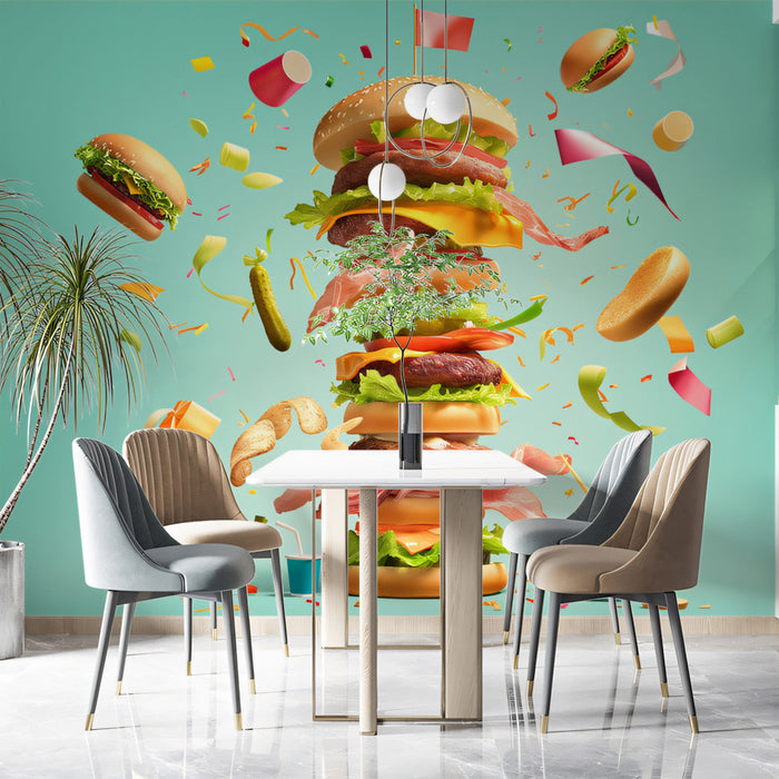 Burger Extravaganza Mural Wallpaper | Teal, Brown, Green, Multicolored