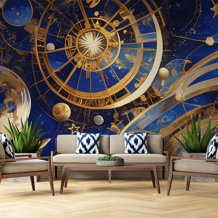 Celestial Orrery Mural Wallpaper | Blue, Gold, Multicolored