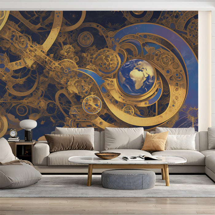 Celestial Orrery Mural Wallpaper | Blue, Gold, Multicolored