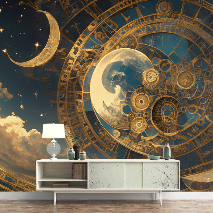 Cosmic Mechanism Mural Wallpaper | Dark Blue, Gold, White