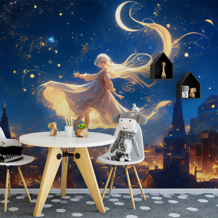 Starry Fantasy Girl Mural Wallpaper | Dark Blue, Gold, Multicolored