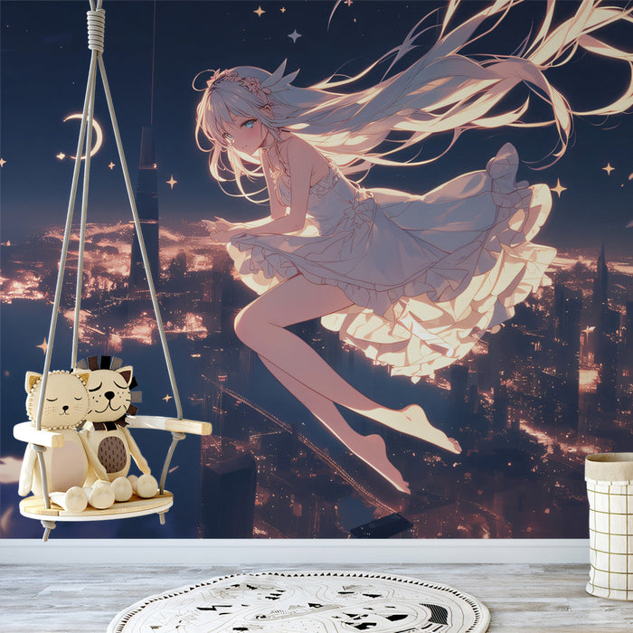 Starry Fantasy Girl Mural Wallpaper | Dark Blue, Gold, Multicolored